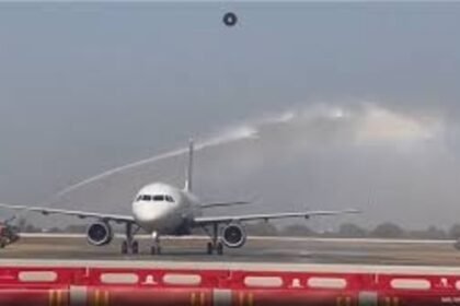 Noida Airport Plane Landing Water Canon