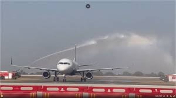 Noida Airport Plane Landing Water Canon