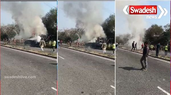 Truck caught fire due to army near Tehra post