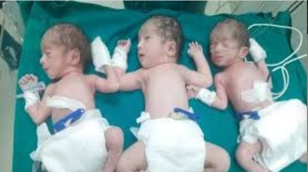 A woman gave birth to three children at once, mother and all three children are healthy