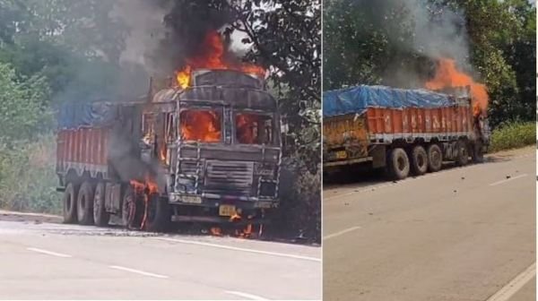 Surguja: Coal loaded truck catches huge fire