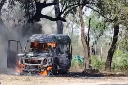An ambulance parked in front of SECL office caught fire