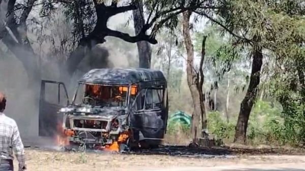 An ambulance parked in front of SECL office caught fire