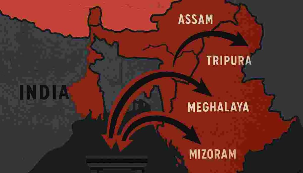 भारत बांग्लादेश व्यापार विवाद और नॉर्थ ईस्ट निर्यात प्रतिबंध का नक्शा