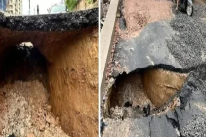ग्वालियर की नई सड़क धंसी, नीचे दिखी सुरंग जैसी गहराई: सिंधिया महल तक जाती है यह रोड