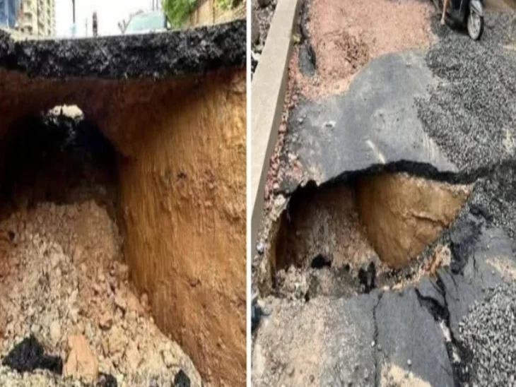 ग्वालियर की नई सड़क धंसी, नीचे दिखी सुरंग जैसी गहराई: सिंधिया महल तक जाती है यह रोड