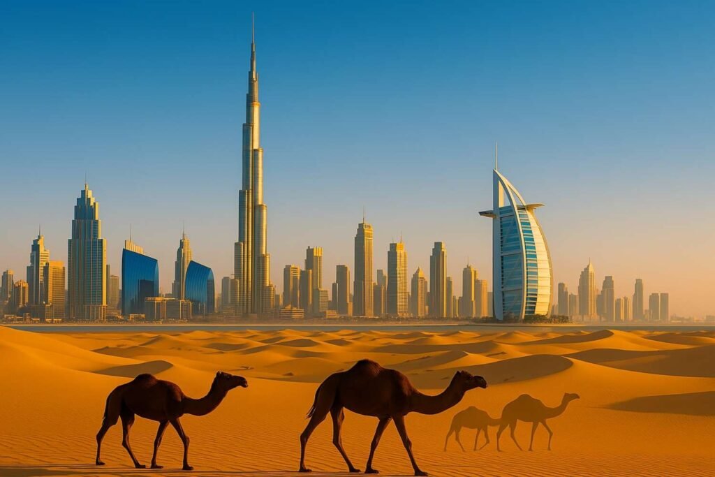 दुबई का शानदार स्काईलाइन, बुर्ज खलीफा और बुर्ज अल अरब के साथ, सामने रेगिस्तान में ऊंटों की झलक। आधुनिक लग्जरी और पारंपरिक रेगिस्तानी जीवन का अद्भुत मेल।