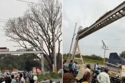 The highway was blocked at the Udal Cachar railway station, and the barrier was jammed for hours due to a technical fault.