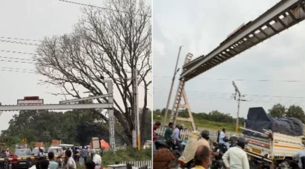 The highway was blocked at the Udal Cachar railway station, and the barrier was jammed for hours due to a technical fault.