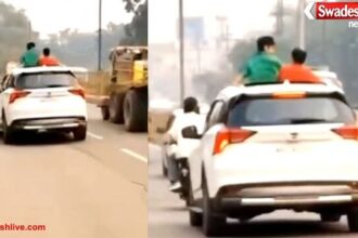 ग्वालियर में चलती कार के सनरूफ से बाहर निकले बच्चे:पुलिस ने पैरेंट्स को लगाई फटकार, 2 हजार रुपए का जुर्माना वसूला