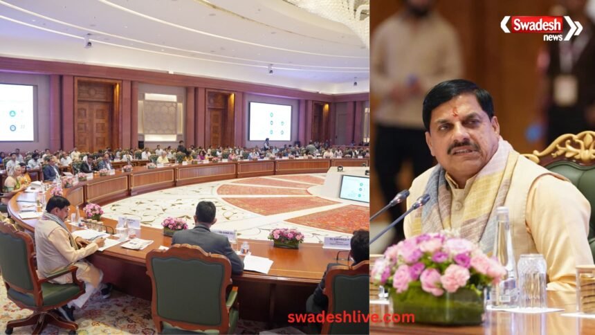 भारत टेक्स 2026 में भारत मंडपम के दौरान निवेशकों को संबोधित करते मध्य प्रदेश के मुख्यमंत्री डॉ. मोहन यादव