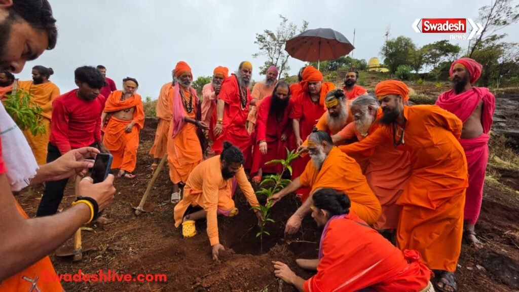 नीलगिरि पर्वत त्र्यंबकेश्वर में जूना अखाड़ा के संत 108 पौधों का वृक्षारोपण करते हुए।