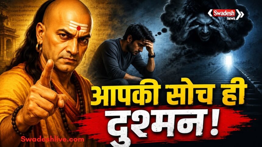 आचार्य चाणक्य की प्रतिमा के साथ सकारात्मक सोच और सफलता का संदेश दर्शाता प्रतीकात्मक चित्र।