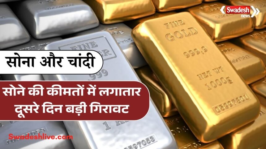 Gold price falls by Rs 1368 per 10 grams while silver gains over Rs 3000 per kg in India today.