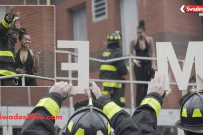New York trainee firefighter proposes to his girlfriend during a rescue training demonstration.