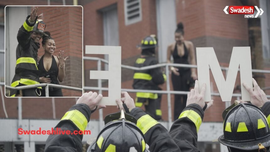 New York trainee firefighter proposes to his girlfriend during a rescue training demonstration.