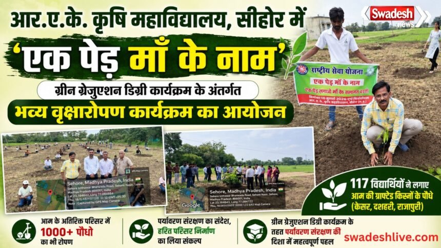 आर.ए.के. कृषि महाविद्यालय, सीहोर में 'एक पेड़ माँ के नाम' अभियान, 117 विद्यार्थियों ने लगाए आम के पौधे