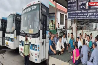 ऋषिकेश रोडवेज डिपो में वेतन नहीं मिलने पर प्रदर्शन करते कर्मचारी