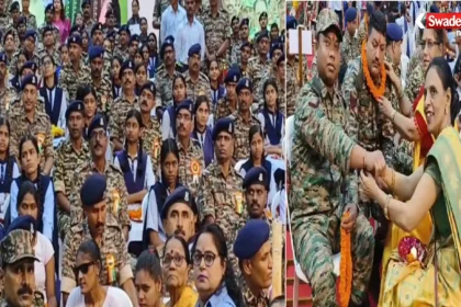 रायपुर में स्नेह की डोर कार्यक्रम में जवानों को राखी बांधती स्कूली बच्चियां