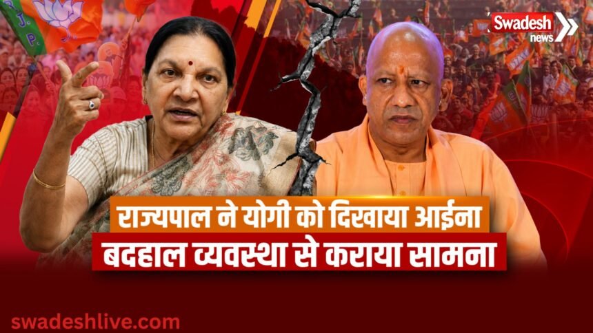 गोरखपुर विश्वविद्यालय के कार्यक्रम में राज्यपाल आनंदीबेन पटेल और मुख्यमंत्री योगी आदित्यनाथ की तस्वीर, पृष्ठभूमि में छात्रावास और प्रशासनिक व्यवस्थाओं से जुड़ा दृश्य