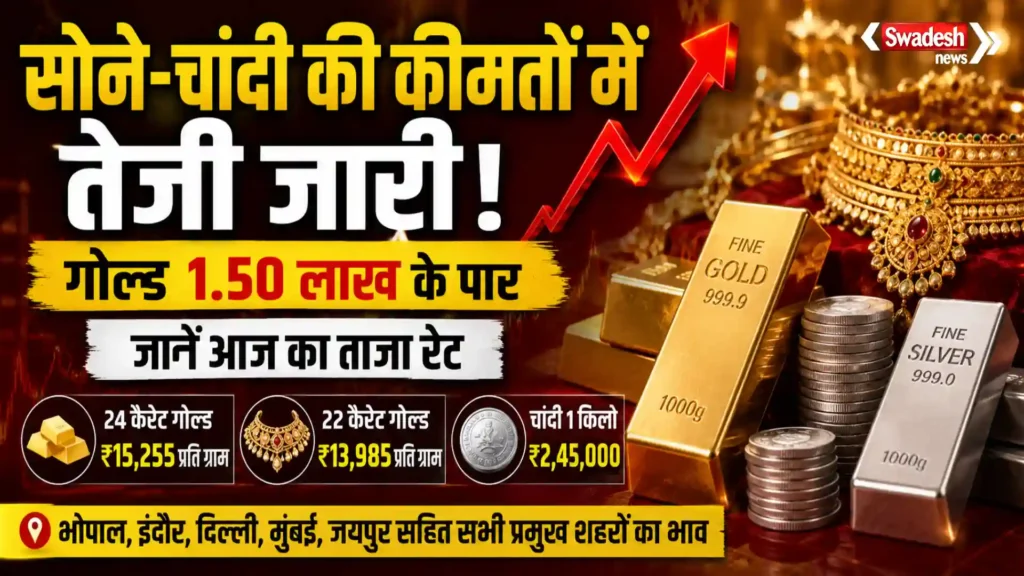 भोपाल, इंदौर, दिल्ली और मुंबई में 8 अगस्त 2026 का सोने और चांदी का ताजा भाव दिखाता हुआ सर्राफा बाजार का प्रतीकात्मक दृश्य